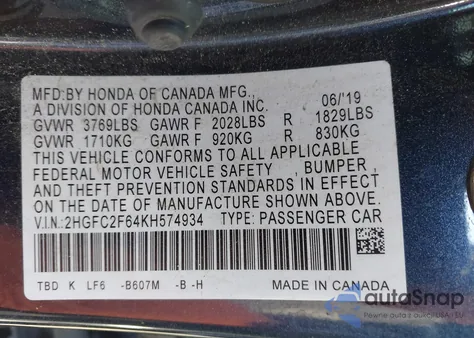 2019 Honda Civic Lx из США, поврежденный, VIN 2HGFC2F64KH574934